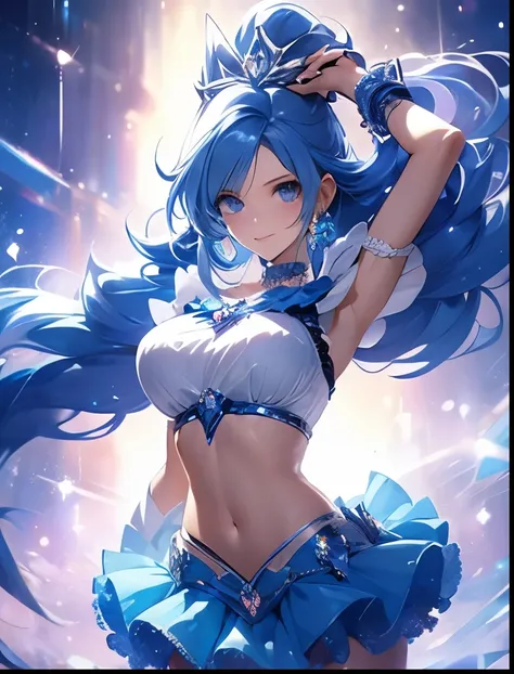 （（（ＳＦＷ、Highest quality、 first class masterpiece 、 Normal Body 、8k、  detailed face 、 super precise、   real color 、５refer to、Highest）））、Pretty Cure、Blue and silver hair、Magical Girl、Beautiful Girl、Navel Release Style、Big Breasts、Slender、 slim、 High Leg Pants...