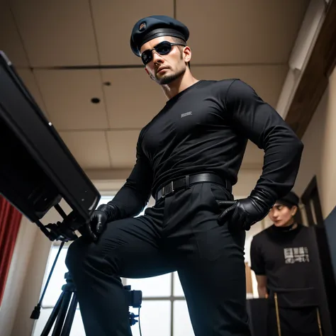 Age 35、handsome guy , 1 man,black long sleeve t-shirt。 short hair short hair 、Focus on the face 　Filming equipment　looking at the camera　 black beret、Black eyepatch、 black slim pants、 black gloves、combatants　 as seen from below。にやけてる　にやけてる