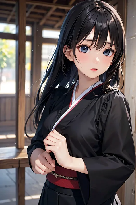  8k resolution,((top quality)),super high resolution, Adult Female, alone,  sexy, (expressionless), (black eyes), beautiful symmetrical face, (long black ponytail hair),Japanese martial arts uniform,black long skirt,realistic:1.4,realistic:1.4,(masterpiece...