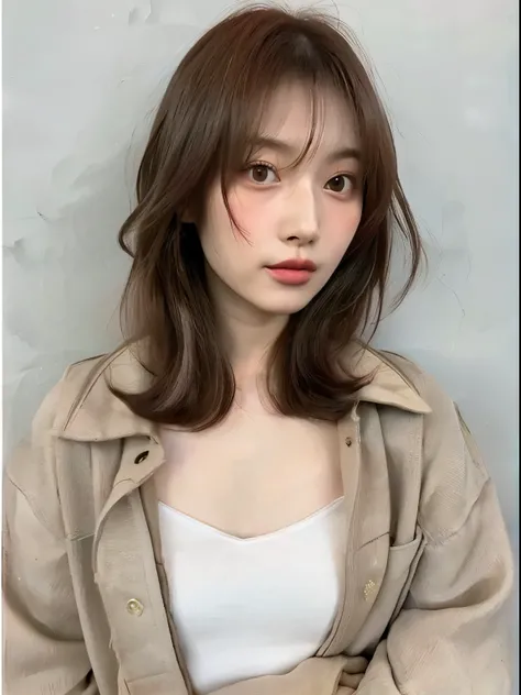 TOP QUALITY, 1 beautiful woman, 28 years old , S, 35mm Lens,, cowboy shooting, concrete background with rough eyeliner、Mortar style background、 auburn hair color 、 Pink gradation color hairstyle with slightly crossed arms 、mortar-like wall ...
