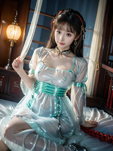 1 girl,Precise、perfect face shape:1.3,beautiful five fingers, small breasts,chinese clothes, Hanfu,Long slender legs, reverse exchange,(Siamese Style Translucent Latex Dress)，(On clothes，There's a pearl ),Sparkling Silver Long Hair Princess Aged 19 Tall 16...