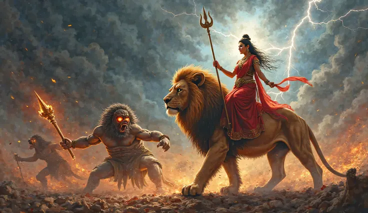 Goddess Jagadamba stands fiercely atop her majestic lion, one foot on its back and the other on its head, radiating divine power. She is adorned in a red saree, with her sacred form modestly draped in ornaments and cloth. Before them, a monstrous demon roa...