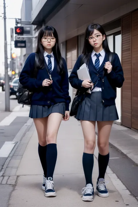 1980 residential sidewalk,Two cloned humans walking,masterpiece,8k,(((angle see from the ground))),(2 clones wearing the same clothes)Angle of two female middle school students from below,age 15,front shot,Watch here,((navy blue student sweater and collare...