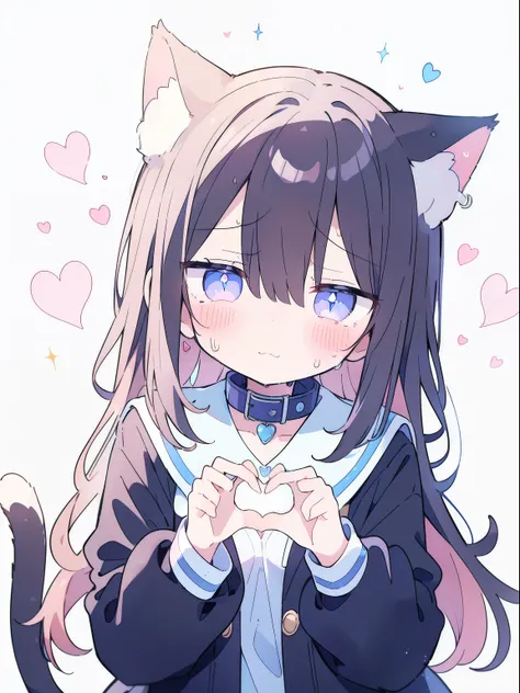 Oversized Jacket、 Wear a collar、Elementary school girl 、,,Very beautiful and shining eyes、shining eyes、1 girl、small breasts、Cat ears Elementary school girl 、Very beautiful and shining eyes、shining eyes、1 person、Cat ears、((((()))))、heart❤、((sweat、vapor)）