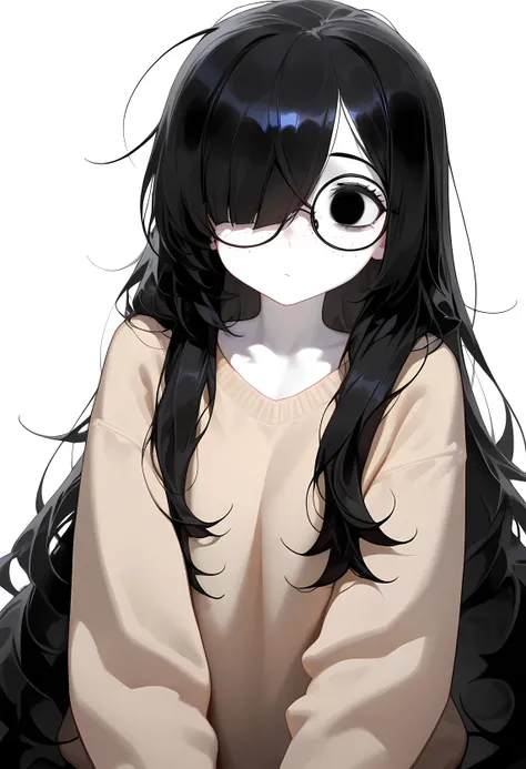 (Masterpiece : 1.2), ( very detailed: 1.2), ( very detailed CG: 1.2), ( HD: 1.2), 1girl, nerd, freckles, black hair, very long silky hair, long bangs, hair over one eye, curious expression, round glasses, oversized sweater, pale white skin, front face view...