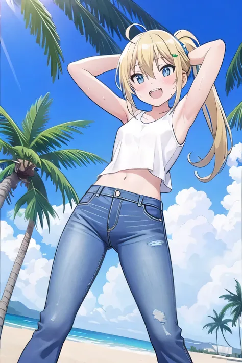 masterpiece,best quality,ultra detail, ((Perfect Face, Perfect Arms, Perfect hands, Perfect Fingers)), 1girl, 14yo, petite, ((round face, ecstasy, orgasm face, drooping eyes, shame smiling, blush)), dropping eyes, sleepy, Open mouth, ((White teeth)), backg...