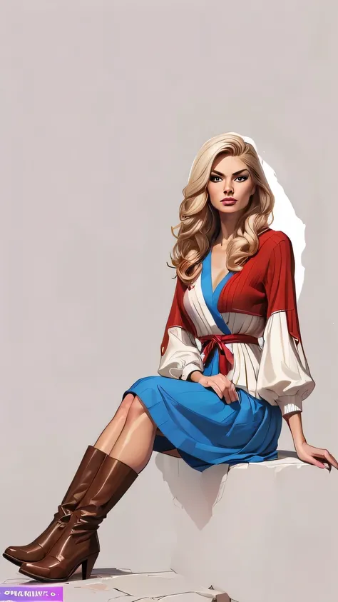 (cartoon style:1.2), cartoon comics style 1.2,Stuning artistic pin-up , marina Laswick very very beautiful, Beautiful skin, blue eyes, very beautiful short white and red pleated spring dress very low cut, long brown sleeved sweater, elegant long brown boot...