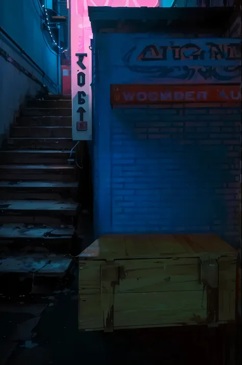 there is a neon sign on the side of a building, hyper-realistic back alley, alley, night life aesthetics, แอ่งน้ำที่พื้น,ถังขยะ,สกปรก,back of the night club,dirty wall,backdoor,wooden box