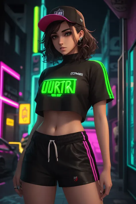  Cyberpunk: A 17years old arabic girl. A brat. Very short wavy hair. Brown hair. A long nose. Small lips. Long neck. Athlectic, sporty figure. Round soft breasts. Naughty. Unfriendly. Gangster. Green eyes. Wearing a urban hip hop style clothing with neon. ...