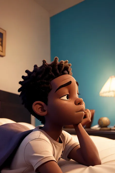 African boy sleeping on bed, side angle, sad, cinematic