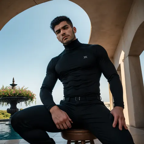 29 years old、handsome guy , 1 man,black long-sleeved t-shirt。 black hair、Short Hair、Natural short hair perm、In front of the garden fountain、Manly Battle Poses　 as seen from below。　upper body up 　 Menacing look　　black slim pants looking into the ocean　　 bla...