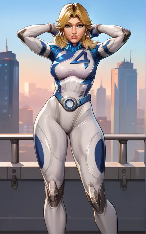 score_9, score_8_up, score_7_up, absurdres, 1girl, blurry background, cityscape, depth of field, looking at viewer, smile, standing, full body, arms up, parted lips, stomach, contrapposto, BREAK PONYXL_MarvelRivalsSueStorm_ownwaifu, 1girl, blue belt, blue ...