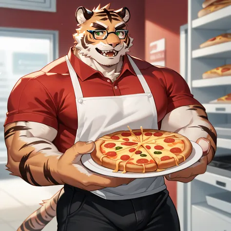 masterpiece, highest quality, high resolution, 8K, fine detail, perfect anatomy, full shot, A character who works in a pizzeria, crowded store, sophisticated pizzeria black and red Background red shirt, black pants, puffed trousers, [PIZZA] mark white apro...