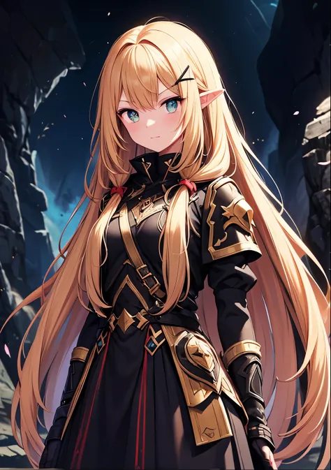 amber eyes、A brave elven warrior with long golden hair cautiously makes her way through the pitch-black depths of a mysterious cave. Her sharp eyes scan the darkness as she carefully steps forward, one hand feeling along the rough stone walls. She wears ...