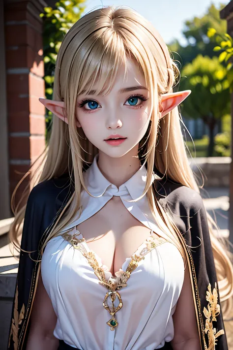 masterpiece,top quality,very detailed,photorealistic,realistic, Ultra High Resolution, MASTERPIECE,Fantasy,Elf Girl,Age 15, very long blonde,SMALLE BREASTS,thin,SMALLE BREASTS, perfect eyes,Slender,flat chest,so cute,Green clothes,gem,embroidery,Cape,Deser...