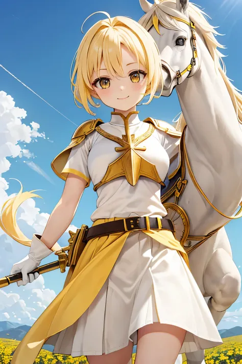 yellow hair, medium hair, half updo, (((white Belt on forehead))), beige eyes, smile, small breasts, (((yellow Plain t-shirt))), (((white breastplate))), white gloves, (((yellow skirt))), white socks, Holding a spear, (Ride white Pegasus), meadow, sunlight