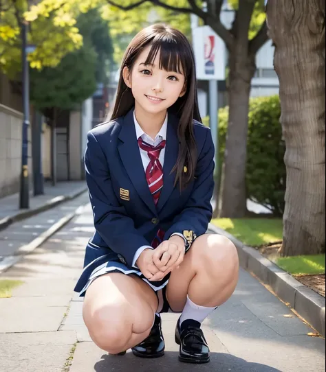 (masterpiece:1.2), Japanese, (18 years old), (((girls))), (school uniform blazer), color shirt, Outdoors, plump, sunshine, squatting