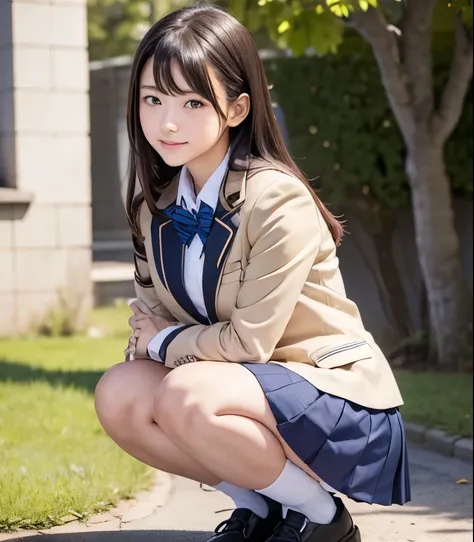 (masterpiece:1.2), Japanese, (18 years old), (((girls))), (school uniform blazer), color shirt, Outdoors, plump, sunshine, squatting