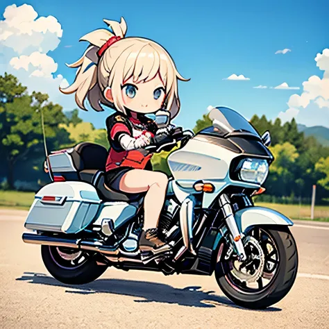 ​masterpiece、A cute girl riding a Harley-Davidson Road Glide™ Limited、route 66 touring、 detailed background、 chibi