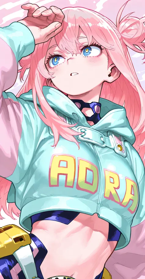 Pastel colors hero suit, cropped hoodie, short jacket, My Hero Academia style, Kohei Horikoshi, two side up, long hair, pink effects, pink hair, blue eyes,  