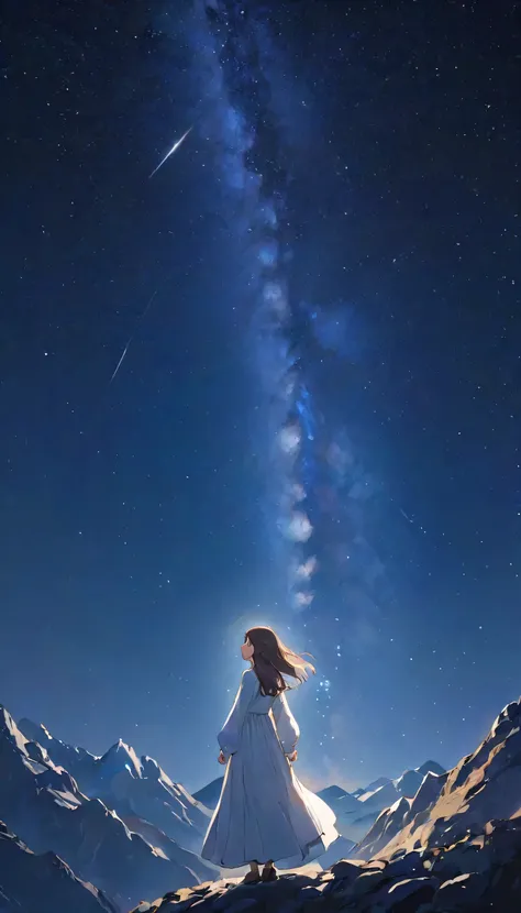 look up_Away、night、Respect:1.5、night空、milky way、Countless Stars々、one person's、8 heads、White dress with long sleeves、Box Dress、In the mountains、Dim lighting、Dark darkness