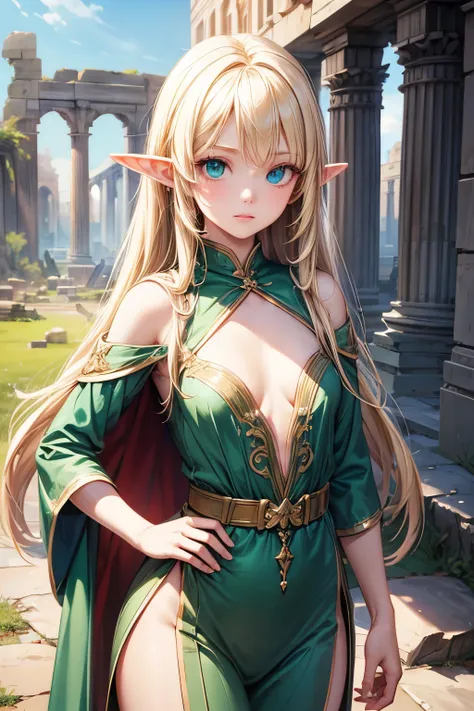 masterpiece,top quality,very detailed,photorealistic,realistic, Ultra High Resolution, MASTERPIECE,Fantasy,Elf Girl,Age 15, very long blonde,SMALLE BREASTS,thin,SMALLE BREASTS, perfect eyes,Slender,flat chest,so cute,Green clothes,gem,embroidery,Cape,Deser...