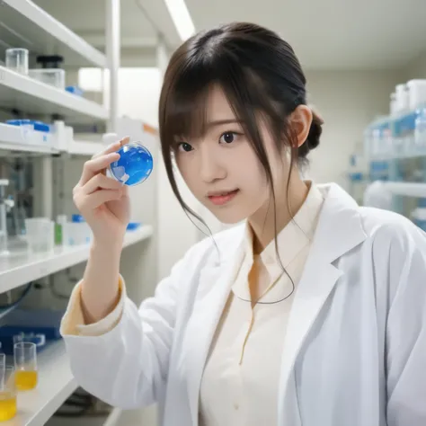 Depict a 20-year-old, stunningly beautiful woman conducting an experiment in a well-equipped science lab. She wears a pristine white lab coat over professional attire, her expression focused as she carefully handles scientific instruments. Whether her hair...