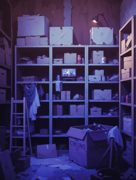 pantry, a very cramped, room filled with wardrobes with old boxes, All the boxes on the shelves should be dented and dusty, Some people can see, that clothes are sticking out, everything broken,  abandoned building, dark, dim light, shades of blue, ruin