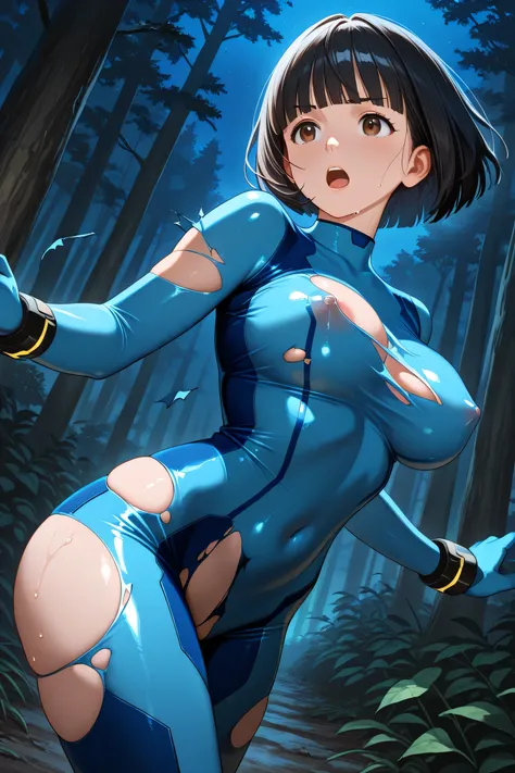 1girl, solo, dynamic pose, cowboy shot, 
BREAK girl, 22yo, short hair, bob cut, ear, (blunt bangs), black hair, (tareme:1.2), detailed cute brown eyes, curled eyelashes, (large breasts:0.8), 
beautiful eyes, beautiful face, 
zero suit, (torn clothes:1.4), ...