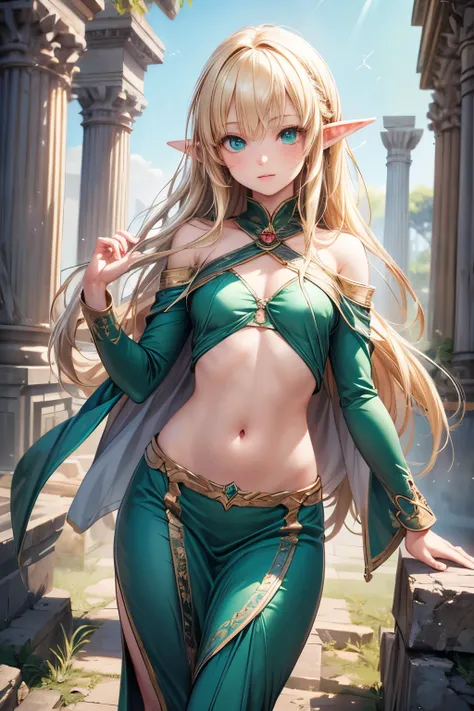 masterpiece,top quality,very detailed,photorealistic,realistic, Ultra High Resolution, MASTERPIECE,Fantasy,Elf Girl,Age 15, very long blonde,SMALLE BREASTS,thin,SMALLE BREASTS, perfect eyes,Slender,flat chest,so cute,Green clothes,gem,embroidery,Cape,Deser...