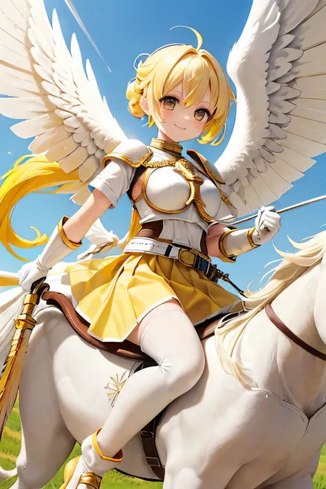 (((yellow hair))), medium hair, half updo, (((white Belt on forehead))), beige eyes, smile, small breasts, (((yellow Plain t-shirt))), (((white breastplate))), white gloves, (((yellow skirt))), white socks, (((Holding a spear))), (((((Riding a White Pegasu...