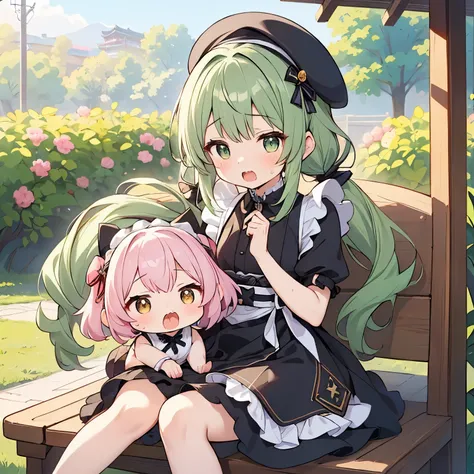 ((日本人のgirls1人、 adult )), ( small)),   green hair、green hair、long fluffy hair、Twin Pigtails、beret with ribbon、masterpiece, 最high quality, high quality, Highly Detailed 8K Wallpaper,Gardenの軒下、Pink hair with pink lining、Garden、 warm sunshine、heavy breathing、s...