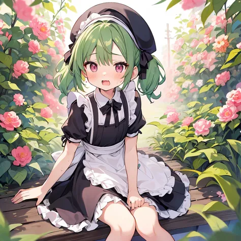((日本人のgirls1人、 adult )), ( small)),   green hair、green hair、long fluffy hair、Twin Pigtails、beret with ribbon、masterpiece, 最high quality, high quality, Highly Detailed 8K Wallpaper,Gardenの軒下、Pink hair with pink lining、Garden、 warm sunshine、heavy breathing、s...
