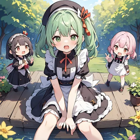 ((日本人のgirls1人、 adult )), ( small)),   green hair、green hair、Fluffy Shaggy Long Hair、Twin Pigtails、beret with ribbon、masterpiece, 最high quality, high quality, Highly Detailed 8K Wallpaper,Gardenの軒下、Pink hair with pink lining、Garden、 warm sunshine、heavy brea...