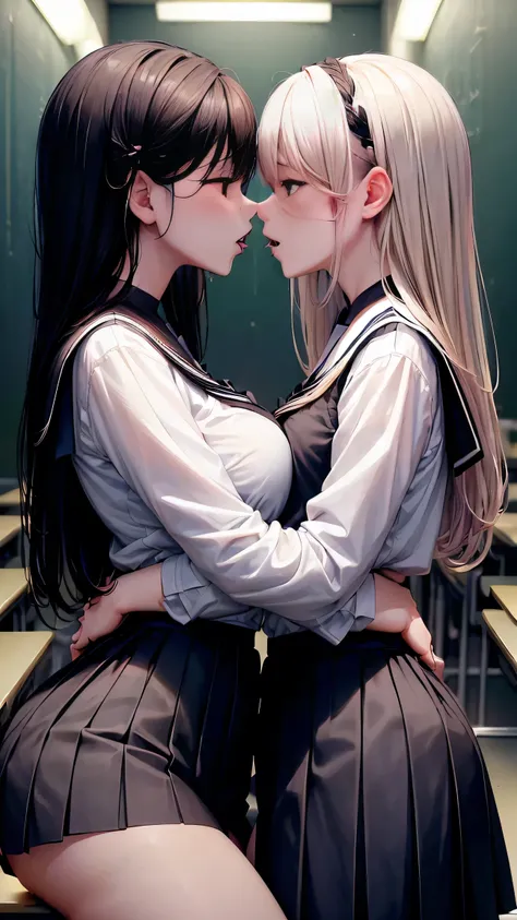 Two age girls ,angry expression,altura igual, in the classroom, black and blond hair ,staring at each other, Hugging each other , their bodies are close to each other,{{kissu、二人の photograph 、 holding hands and facing each other 、 photograph 、navy blue p...