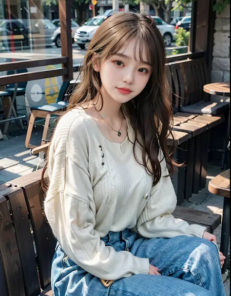 Photorealistic, high-quality 32k photo of a beautiful Japanese girl in a casual, chic outfit, with detailed eyes and a charming smile, seated at a cozy café. She’s wearing a stylish sweater and jeans, with ankle boots and a simple necklace, her hair styled...