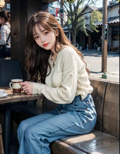 Photorealistic, high-quality 32k photo of a beautiful Japanese girl in a casual, chic outfit, with detailed eyes and a charming smile, seated at a cozy café. She’s wearing a stylish sweater and jeans, with ankle boots and a simple necklace, her hair styled...