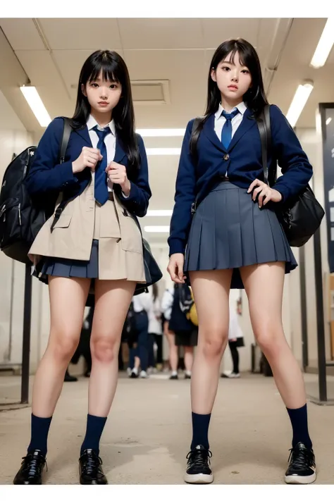 White room ceiling,tiktok,two cloned humans,masterpiece,8k,(((angle see from the ground))),(2 clones wearing the same clothes)Angle of two female middle school students from below,age 15,front shot,Watch here,((navy blue student sweater and collared shirt,...