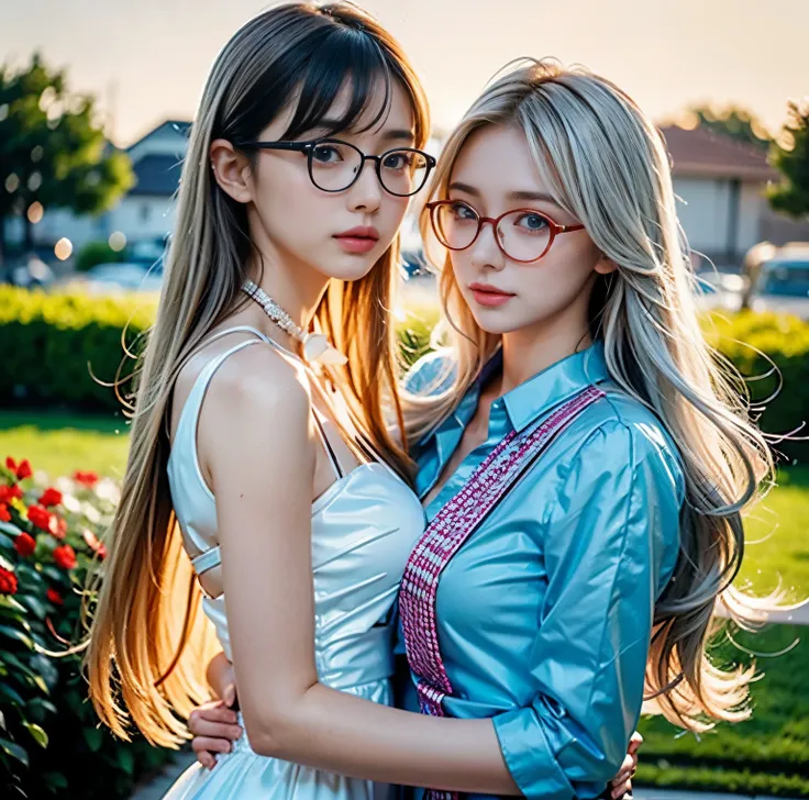 8K quality,  pro pics,  two beautiful girls, Beautiful like a goddess, The backlight of the sunset is so dazzling that the figures are hazy, Above chest shot, (red thin string ribbon tie on blouse:1.2), (Thin silver rimmed glasses), (beautiful pale blue ey...