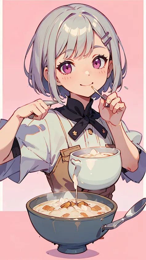 (top quality、High Resolution、very detailed)、Eating porridge、short silvery bob hair held together with hair clips、pink eyes、spoon、smile、 pink background 、depth of written border