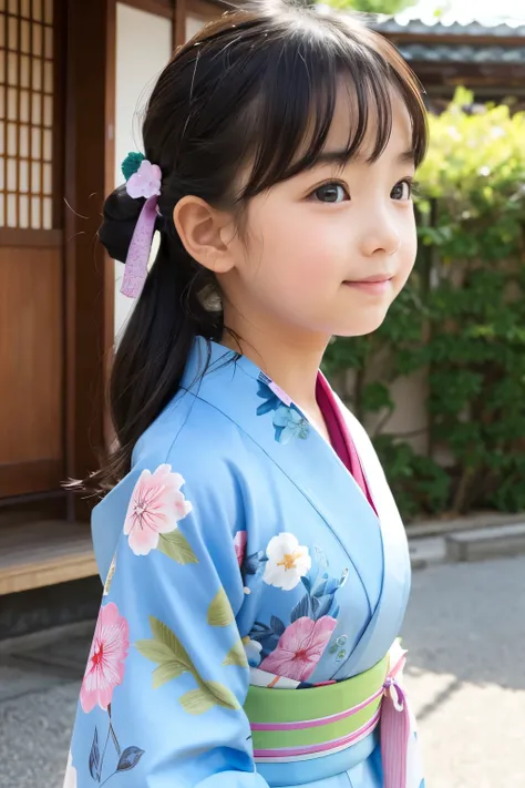 A beautiful elementary school student, one , Floral pattern on kimono 、Bust、I&#39; drinking tea and relaxing 、top quality、Hair is black、smile, I'm drinking steaming greentea,bust up, Cherry blossoms in the background , squats,Tight lower body,looking at ca...