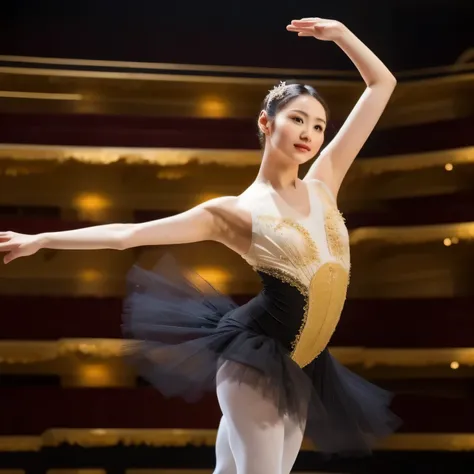 Depict a 20-year-old, exquisitely beautiful ballerina performing on a grand theater stage. She wears a delicate and intricately designed tutu, its soft fabric flowing with every movement. Her posture is impeccable, one leg extended in a perfect arabesque, ...