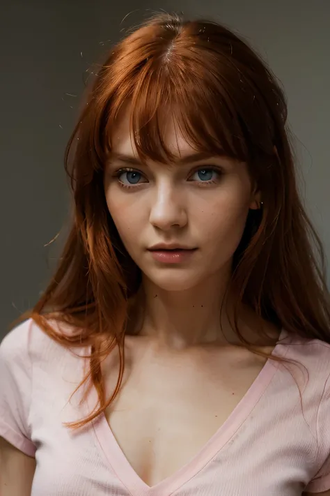 26-year-old female Slavic super model with long red hair and bangs , blue eyes wearing pink short sleeve shirt, Well lit focus on the face.