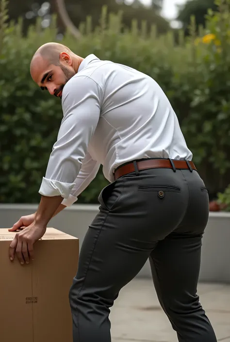 Fotografía realista, 35-year-old bald muscular (((atletic man))) , , View from below, nalgon de perfil, stripe white formal shirt and very tight dark gray trousers, brown belt, de perfil, Big butt, viendo a cámara, ojos negros, en el patio, hombre sexy, mu...