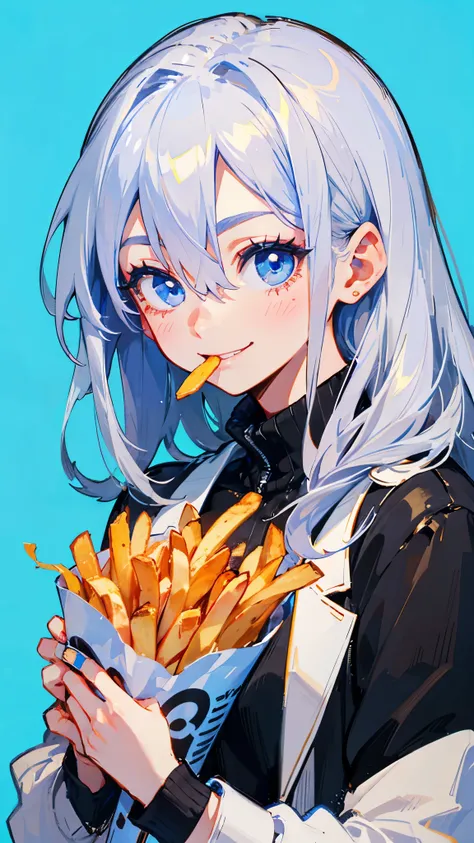 1 girl、solo、blue eyes、 silver hair、blue background、long hair、portrait、hair between their eyes、Black、smile、 eats french fries