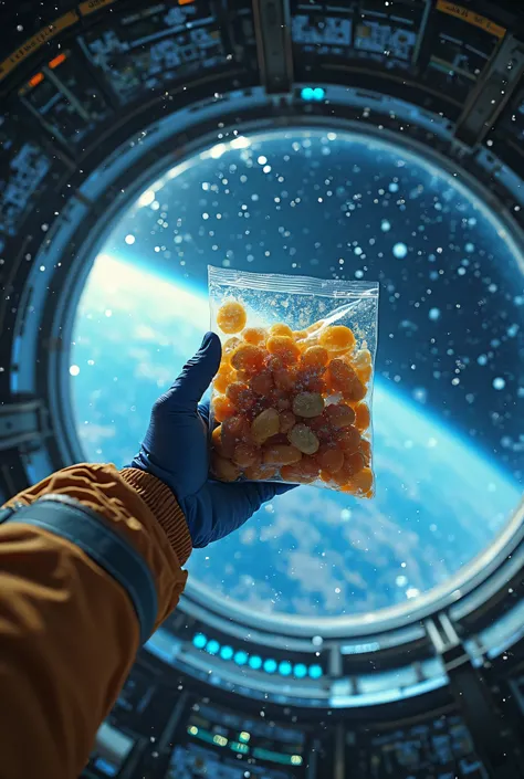 An ultra-realistic image in point of view (POV) style, capturing the first-person perspective of an astronaut holding a package of space food while floating inside the spacecraft’s kitchen. Tiny droplets of liquid float in the air, reflecting the bluish gl...