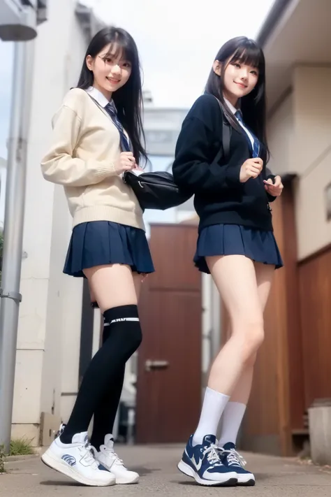 White room ceiling,tiktok,two cloned humans,masterpiece,8k,(((angle see from the ground))),(2 clones wearing the same clothes)Angle of two female middle school students from below,age 15,front shot,Watch here,((navy blue student sweater and collared shirt,...