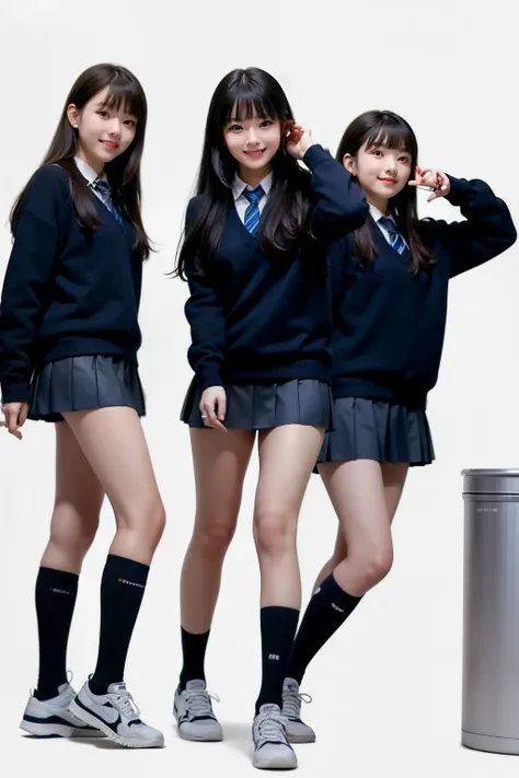 White toilet ceiling,tiktok,two cloned humans,masterpiece,8k,(((angle see from the ground))),(2 clones wearing the same clothes)Angle of two female middle school students from below,age 15,front shot,Watch here,((navy blue student sweater and collared shir...