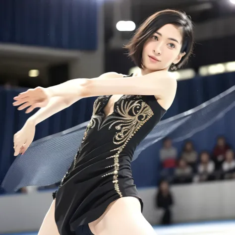 Depict a 20-year-old, stunningly beautiful woman gracefully gliding across the ice in a grand skating arena. She wears an elegant and intricately designed figure skating dress, adorned with shimmering details that reflect the arena lights. Her expression i...