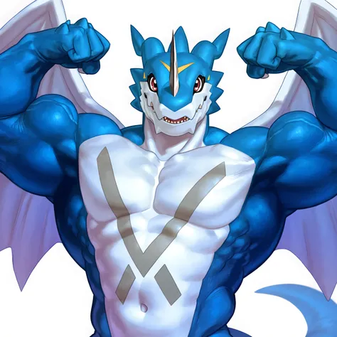 xv33m0n, digimon (creature), white wings, tail, front view, half body, muscular, simple background, white background, looking at viewer, strong posture, flexing